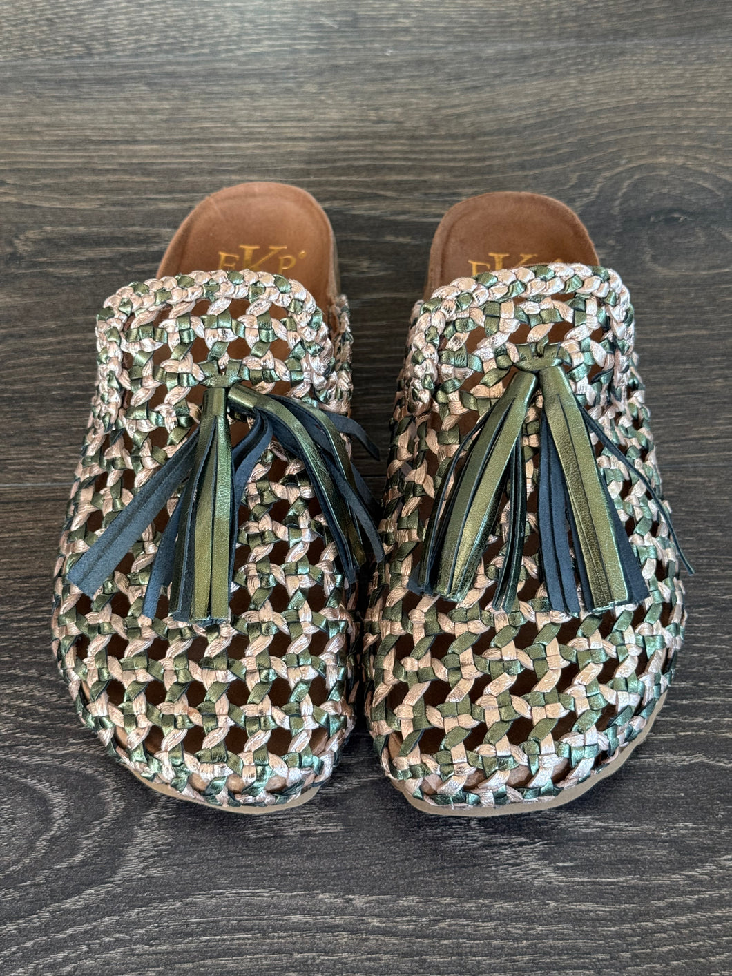 EKP SABOT IN PELLE INTRECCIATA VERDE+PLATINO ROSE