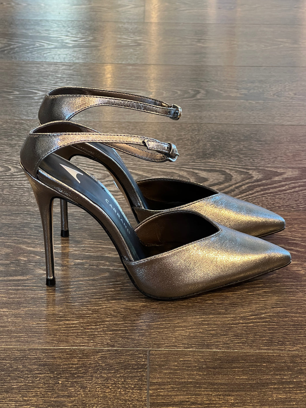 CARRANO DECOLLETE' SPEZZATA PELLE LAMINATA INOX TACCO 11 CM