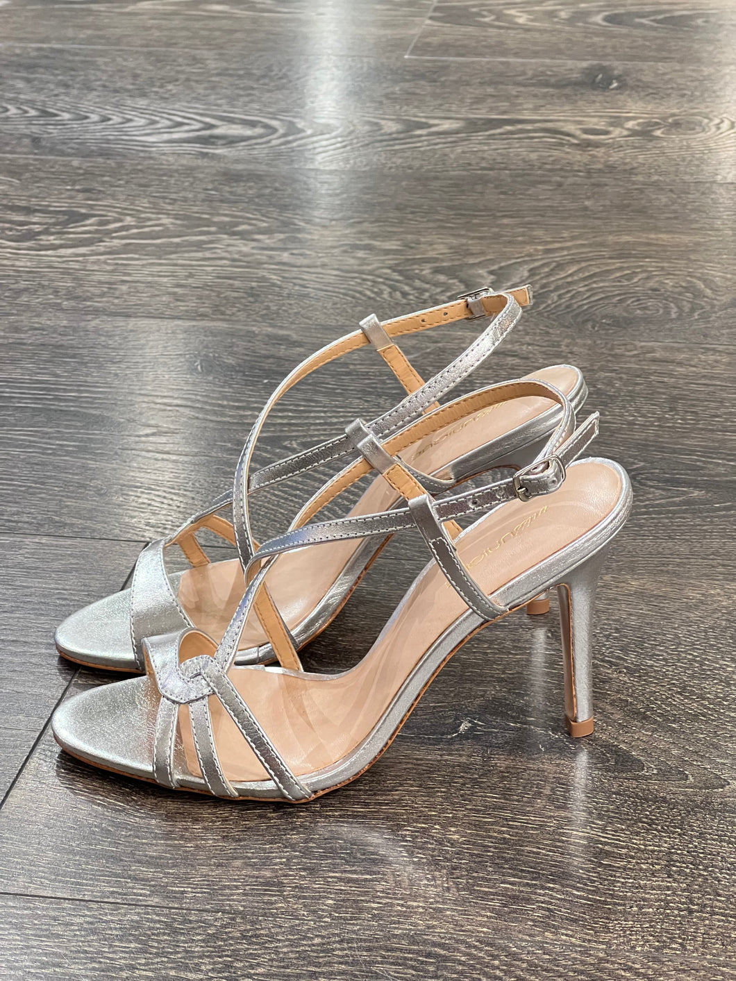 MISS UNIQUE SANDALO IN PELLE LAMINATA ARGENTO TC 8 CM INTRECCIO LATO