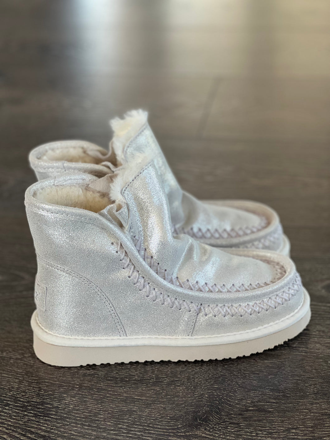 WOZ STIVALETTO IN CROSTA GLITTER PLATINO FODERATO CALDA ECOPELLICCIA